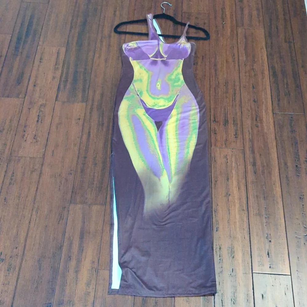 Asymmetric One-Shoulder Brown, Purple & Yellow Print Maxi Dress Size:X-Small - Picture 3 of 4